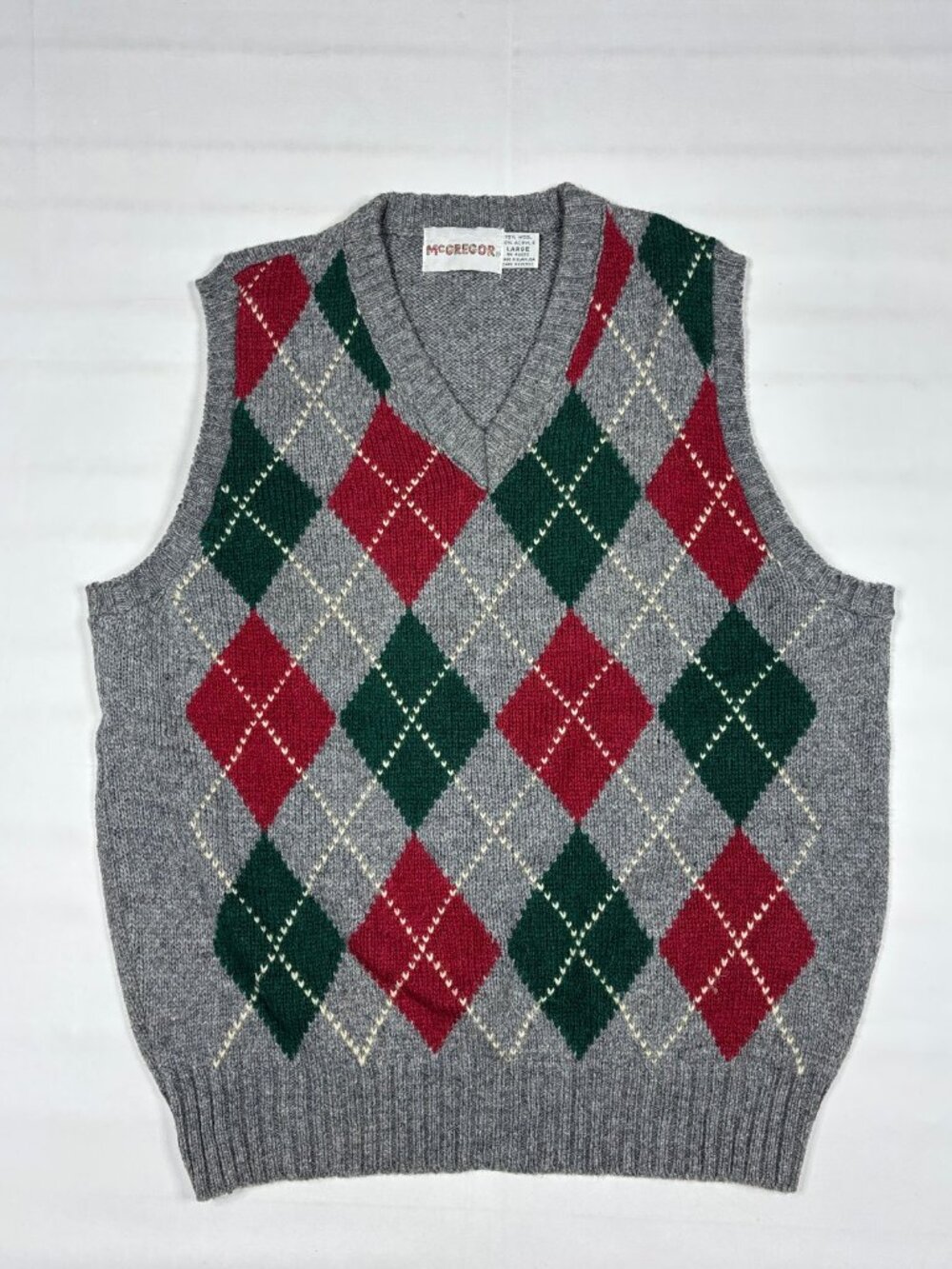 McGregor VTG 90s Argyle Plaid Wool Blend Sweater Vest Grey Red Green Mens L
